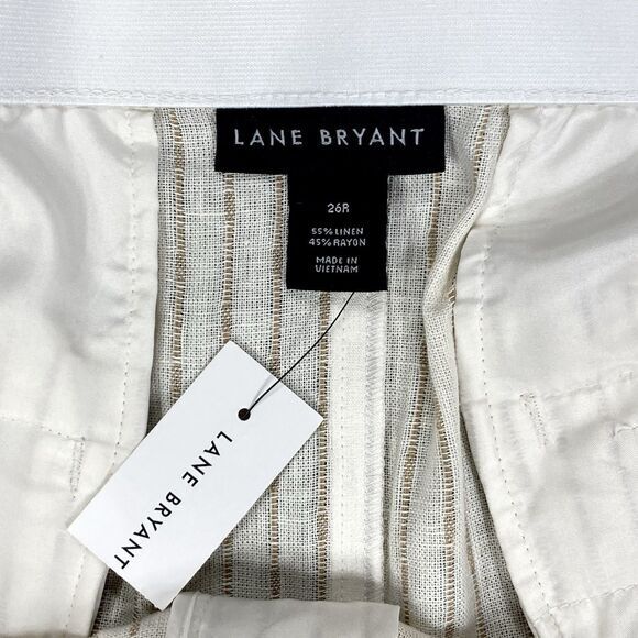 Lane Bryant Linen Dress Pants Womens 26 Cream Striped Belted Wide Leg Comfy New - Picture 16 of 16